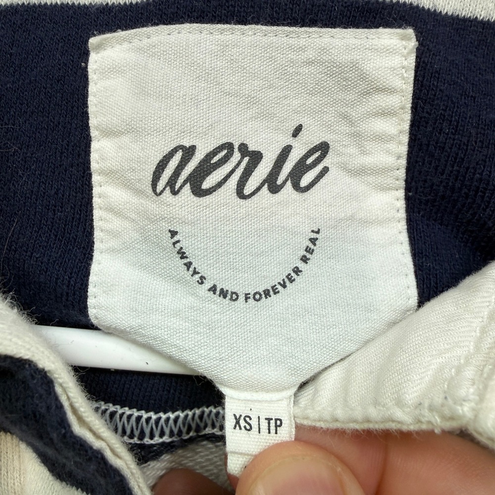 Aerie Rugby Sweatshirt Womens XS Blue Striped Oversized Coastal Pullover Fleece - Picture 5 of 11
